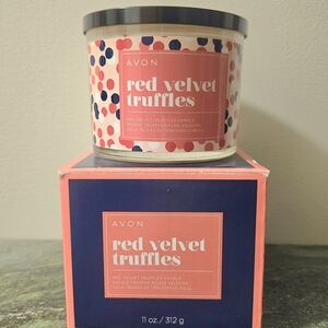 Avon Red Velvet Truffles Candle with Vibrant Pink and Cream Accents